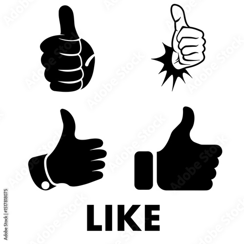 Collection of Black and White Thumbs Up Like Icons and Hand Gestures