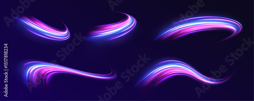 Abstract image of speed motion on the road. Vector glitter light fire flare trace. Dark blue abstract background with ultraviolet neon glow, blurry light lines, waves	