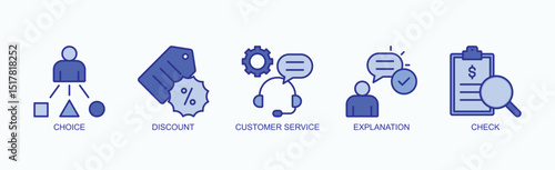Key Elements Of Customer Experience And Decision Making Icon Set Vector Illustration Concept With Icon Of Choice, Discount, Customer Service, Explanation, Check In Blue Style