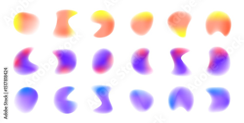 Set of defocused soft color gradient circles for creative graphic. Gradient aura, grain neon blob with noise effect vector illustration. Abstract color watercolor blur mesh shape on white background. 
