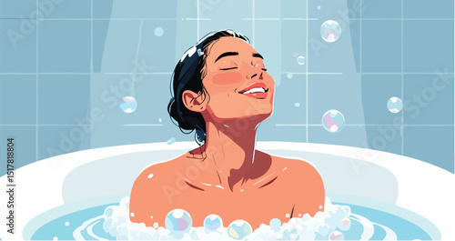 Cartoon close-up illustration of a young attractive woman enjoying a foam bubble bath in a tub in her bathroom at home