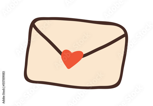 Envelope with heart. Love letter. Romantic mail message sending, doodle style. Paper post for valentines communication, dating and wedding. Flat vector illustration isolated on white background