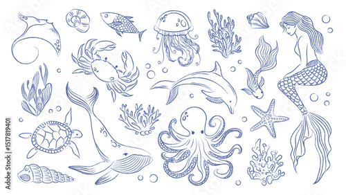 Doodle marine elements set. Pen drawn vintage sea elements. Mermaid, sea animals, jellyfish, coral clipart