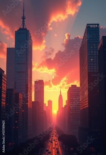 bold architectural silhouettes stunning sunset sky vibrant colors design urban landscape, building, dusk, cityscape, shadow, horizon, everything, outline, texture