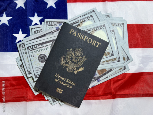 Fotografie American nationality and golden card concept with Passport, currency and flag in the backdrop