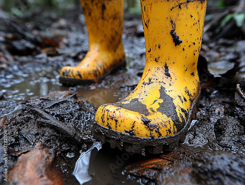 yellow dirty rubber boots in the mud, AI generated