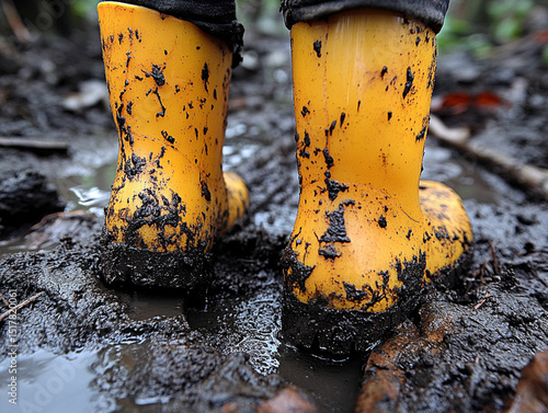 yellow dirty rubber boots in the mud, AI generated