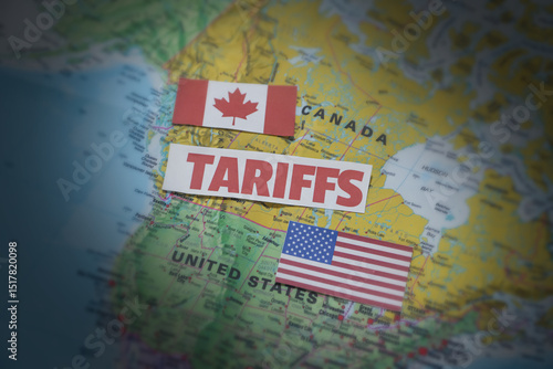 Canada and United States Tariff war concept background with flag and map along typography. Trade, usa, canada, business, tax, import