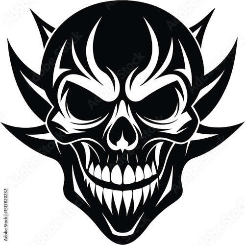 Vector illustration of a detailed black and white skull design with horns and spiked teeth