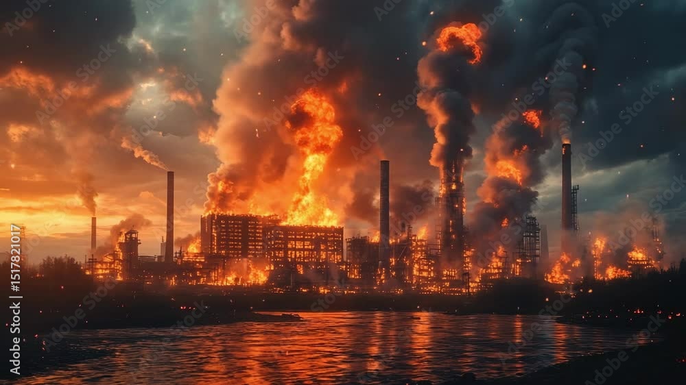 Massive fire engulfs a large industrial refinery near a river, sending plumes of black smoke into the sky at sunset. The scene shows environmental disaster and industrial emergency at full scale. Massive fire engulfs a large industrial refinery near a river, sending plumes of black smoke into the sky at sunset. The scene shows environmental disaster and industrial emergency at full scale.