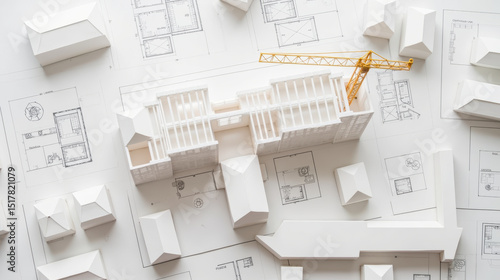 Detailed architectural model sits atop blueprints, showcasing construction site with crane. scene captures essence of urban development and design