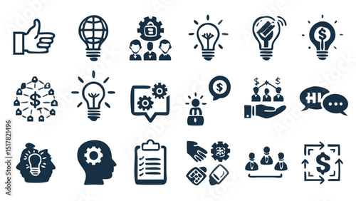 Celebrating the innovative spirit with icons representing teamwork ideas and financial strategy with a solid black