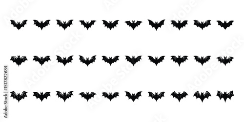 Black silhouettes of bats set on white background.