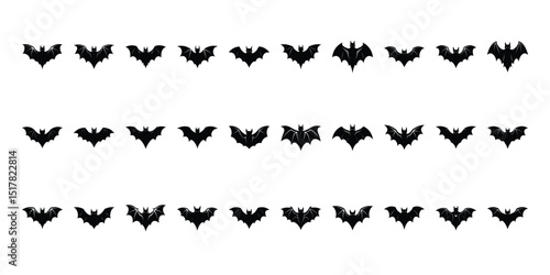 Black silhouettes of bats set on white background.