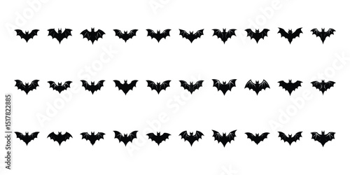 Black silhouettes of bats set on white background.