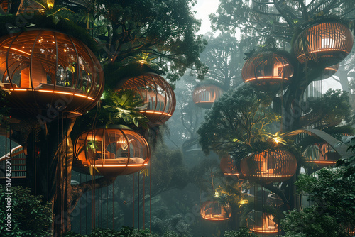 Futuristic treehouse village nestled in rainforest canopy, where eco-architecture harmonizes with lush natural beauty.