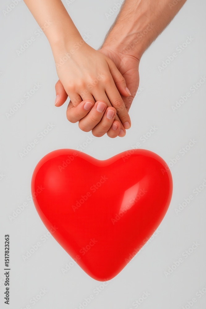 Two hands clasp each other, holding a shiny red heart, symbolizing love and connection against a neutral background Two hands clasp each other, holding a shiny red heart, symbolizing love and connection against a neutral background