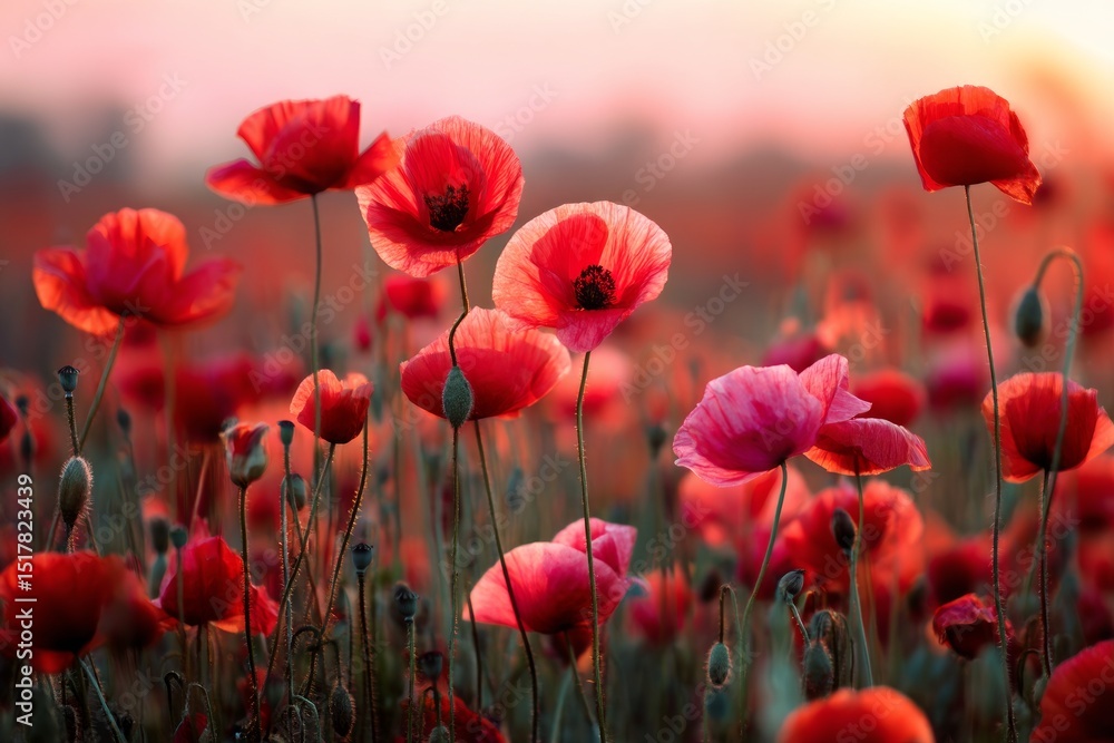 Fototapeta premium Red and Pink Poppies in a Field at Sunset