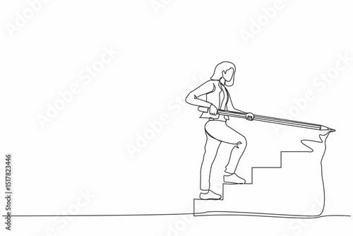 Single one line drawing young businesswoman use huge pencil to draw rising up stairs, walk climbing up ladder. Strategy reach business target, career path achievement. Continuous line design vector
