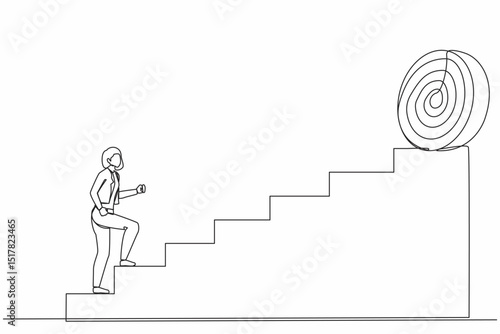 Single continuous line drawing businesswoman holding arrow running up stairway to high target. Business concept growth, path to success. Career path. One line draw graphic design vector illustration