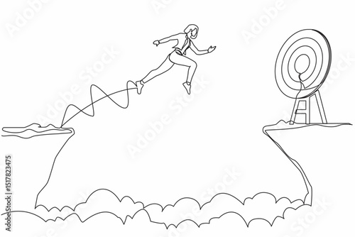 Continuous one line drawing businesswoman jumping over cliff to reach target. Success move while taking risk. Entrepreneur challenges, motivation, personal growth. Single line design vector graphic