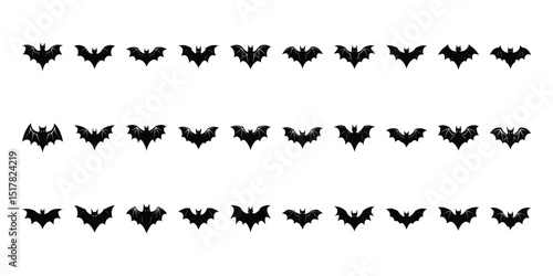 Black silhouettes of bats set on white background.