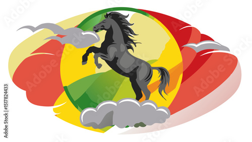 A powerful black stallion rears amidst vibrant cloudscapes embodying strength and freedom with dynamic composition and
