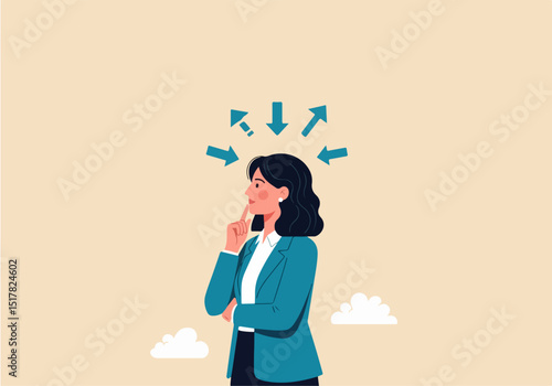 Flat vector illustration of a woman in a teal blazer standing in a thoughtful pose, with arrows above her head pointing in all directions, symbolizing decision-making and navigating complex choices.