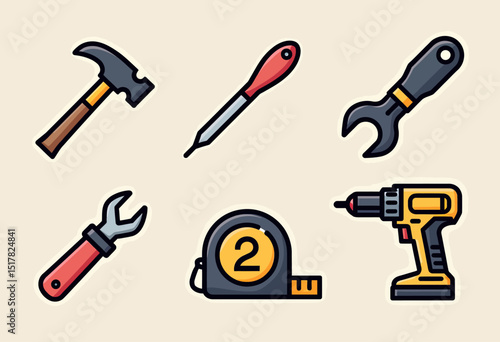Essential Home Repair Toolkit Vector Icons: Flat, Clean Design with Editable Strokes - Ideal for DIY Projects, Tutorials, and Hardware Store Websites
