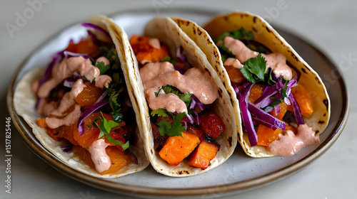 Three Sweet Potato Tacos With Pink Sauce And Red Cabbage On Plate