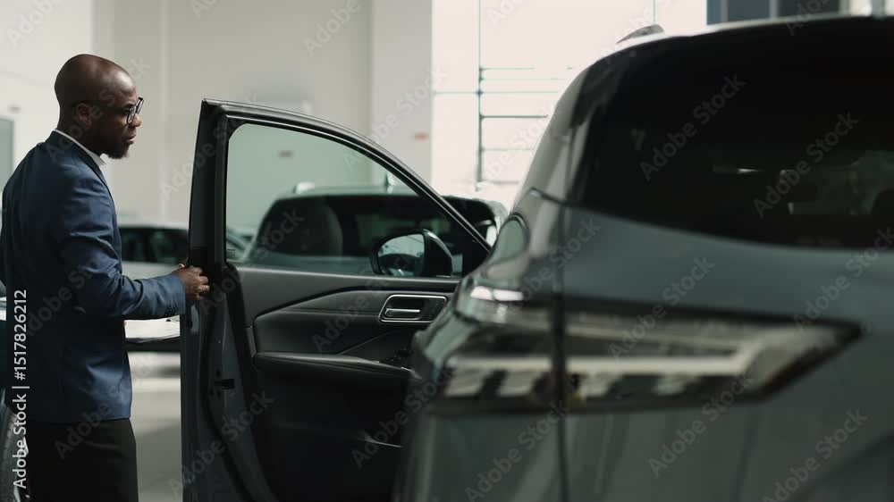 A car dealer in a modern car dealership advises a customer on buying or leasing a new car. The concept of an expensive purchase or lease of a modern car. A car dealer in a modern car dealership advises a customer on buying or leasing a new car. The concept of an expensive purchase or lease of a modern car.