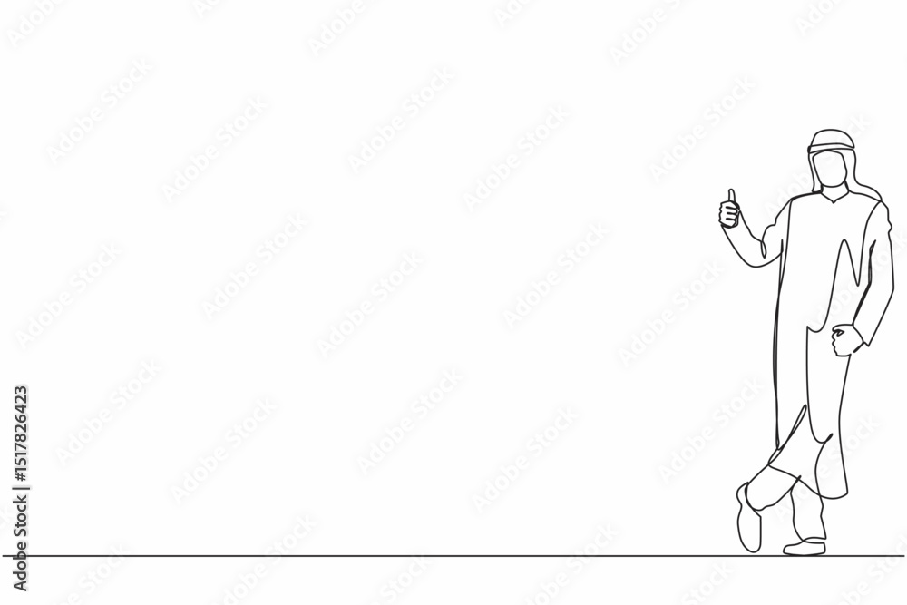 Single continuous line drawing excited Arabic businessman dressed in formal wear showing thumbs up sign and leaning against the wall. Deal, like, agree, approve, accept. One line graphic design vector Single continuous line drawing excited Arabic businessman dressed in formal wear showing thumbs up sign and leaning against the wall. Deal, like, agree, approve, accept. One line graphic design vector