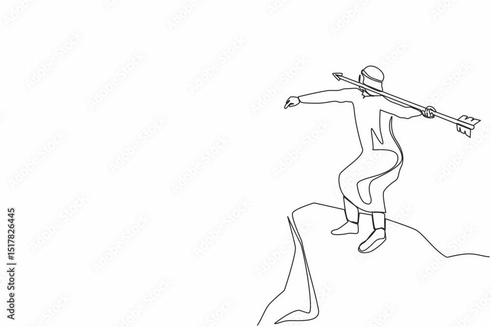 Fototapeta premium Single continuous line drawing strong Arabian businessman throwing rising up arrow to achieve goal. Business growth, success and improvement concept. One line draw graphic design vector illustration