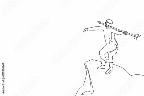 Single continuous line drawing strong Arabian businessman throwing rising up arrow to achieve goal. Business growth, success and improvement concept. One line draw graphic design vector illustration