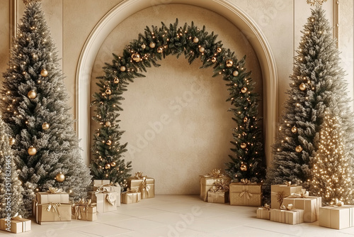 Elegant Christmas Interior Scene with Arch and Golden Decorations
