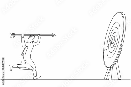 Continuous one line drawing ambitious Arabian businessman point big arrow on target. Goal achievement concept. Business purpose, goal, strategy success concept. Single line draw design vector graphic