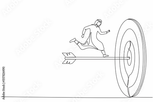 Single continuous line drawing Arabian businessman run to bullseye with dart. Reach target success. Business metaphor. Successful business concept. Dynamic one line graphic design vector illustration