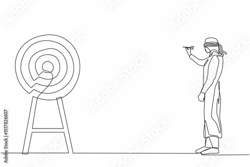 Single continuous line drawing Arabic businessman using blindfold and hit darts target. Confused blindfold businessman with question mark trying to hit target with dart. One line graphic design vector
