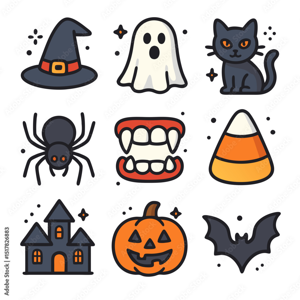 Fototapeta premium Halloween icons of witchs hat, ghost, and black cat. Perfect for holiday designs, party invitations, and spooky decorations.