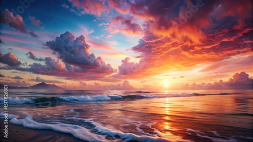 Peaceful Ocean Sunset: Pink Clouds, Calm Waves, Tranquil Travel Scene