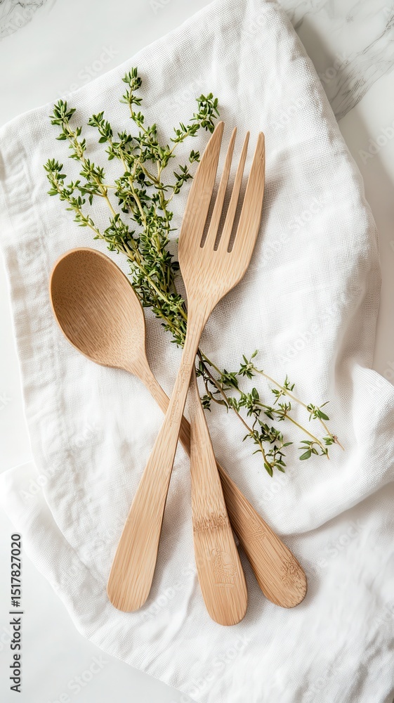 Wooden Utensils and Fresh Thyme on a White Linen Cloth Wooden Utensils and Fresh Thyme on a White Linen Cloth