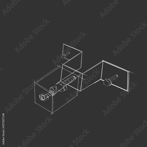 white line sketch of bolts for attaching and joining the support angle iron of the stick model with a dark background