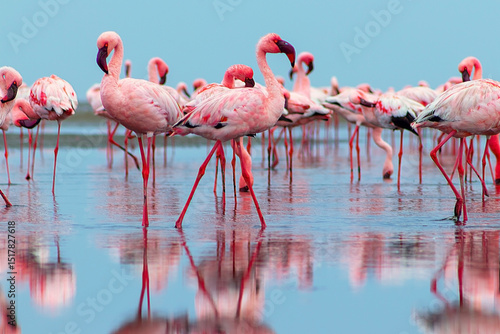 Real photo of two pink flamingos standing together by a calm lake under a clear blue sky. A peaceful wildlife scene perfect for nature, travel, and bird-themed projects.
