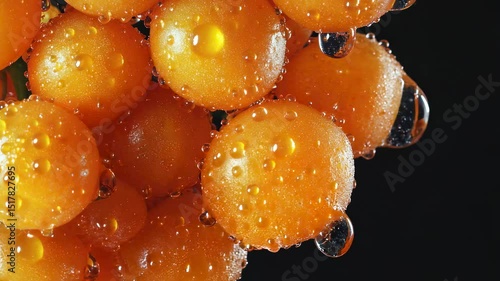 A close-up of a sea buckthorn berry with droplets of water on its surface, showing its natural texture on black background