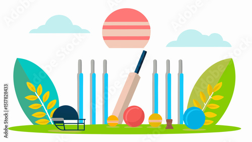 Captivating cricket scene on a vibrant green field showcasing sportsmanship skillful play beneath a summery sky flat