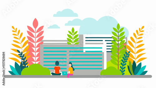 Modern learning Two friends collaborate outdoors a vibrant cityscape backdrop fostering creativity on a bright day flat
