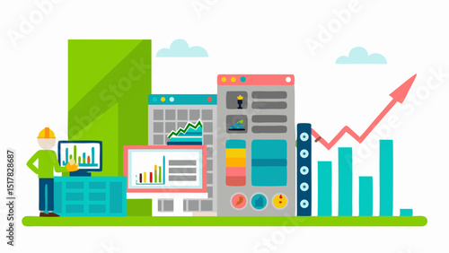 A diligent analyst in a hard hat examines upward trending business stats with focused intent signifying growth and