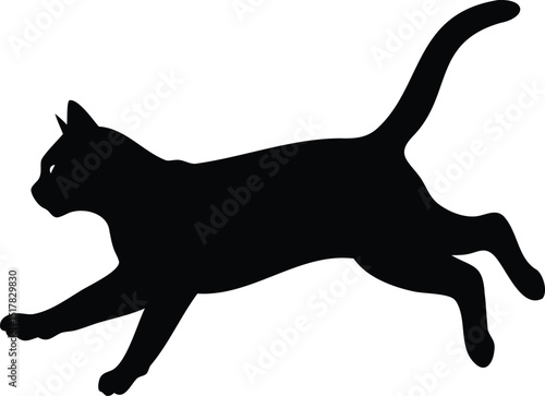 Black cat silhouette leaps with grace and energy across a white backdrop