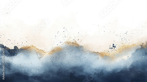 Abstract watercolor landscape featuring flowing blue hues accented by glittering gold splatter on a white backdrop