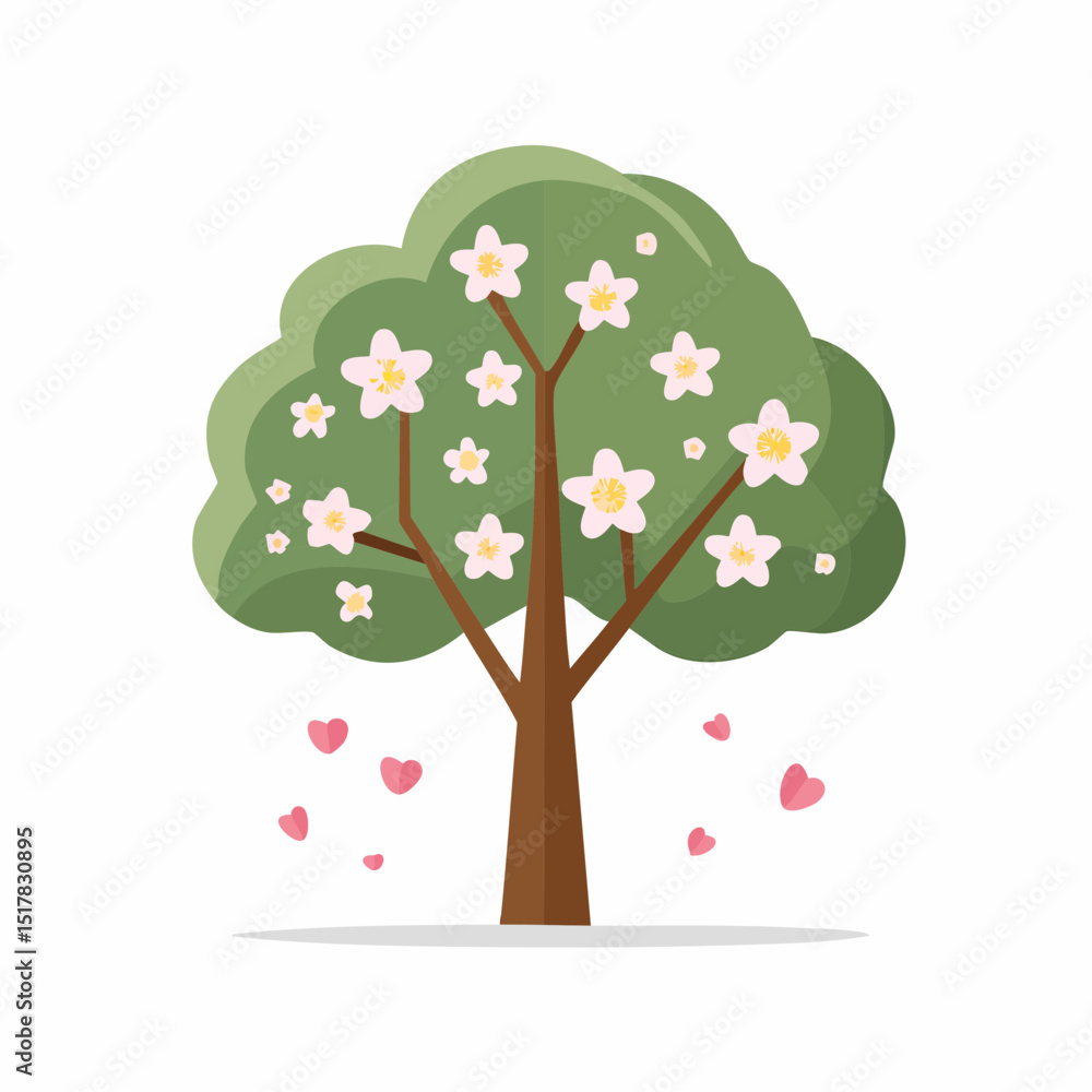 Obraz premium Blossom Tree of Love: A whimsical cartoon illustration depicts a flourishing tree adorned with delicate blossoms and charming floating hearts.